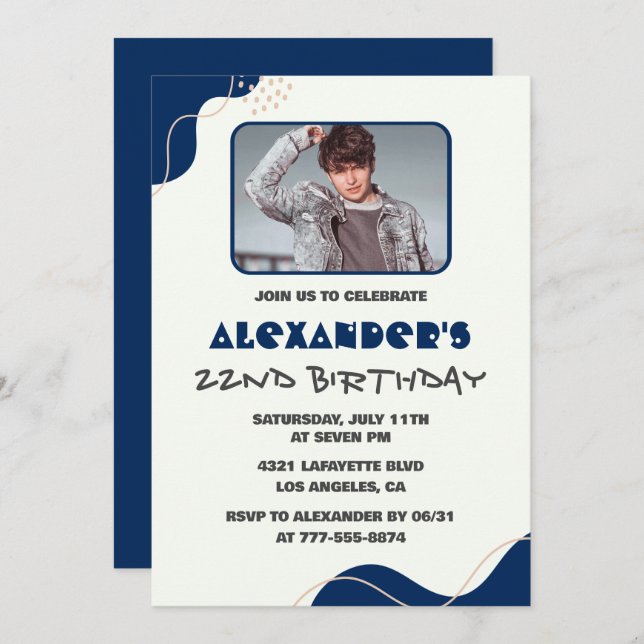 Invitations de 22e anniversaire Hommes Marine Simp (Devant / Derrière)