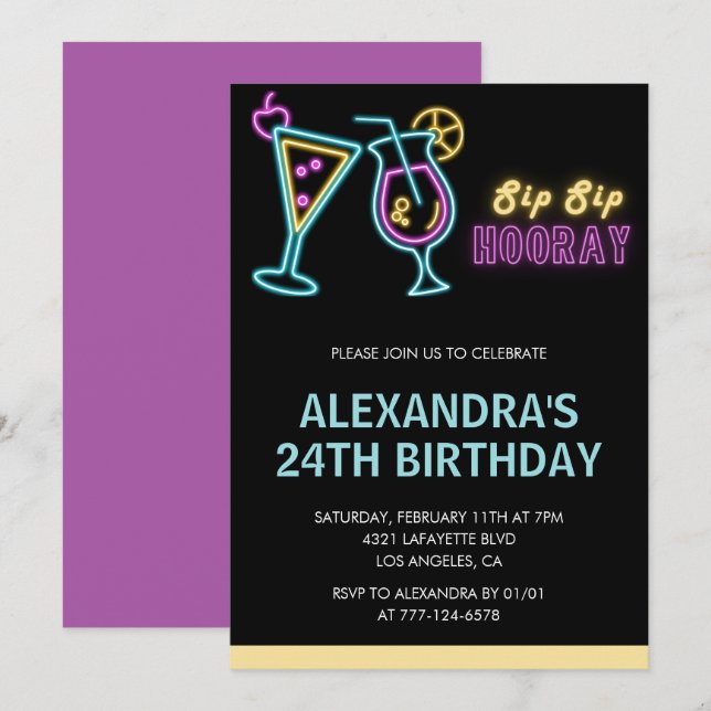 Invitations de 24e anniversaire Cocktail Neon Glow (Devant / Derrière)