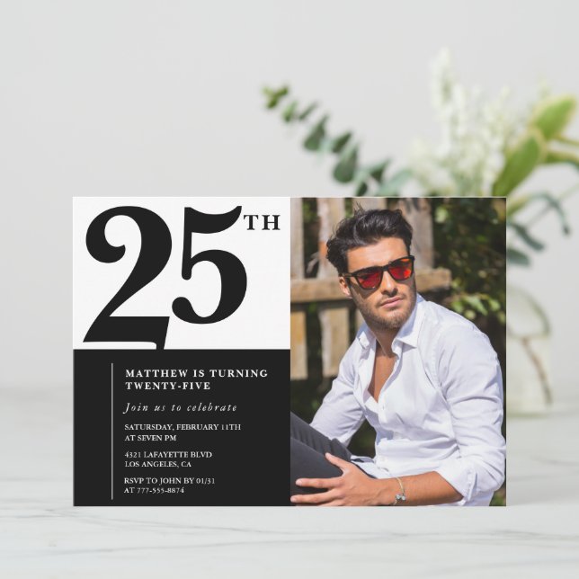 Invitations de 25e anniversaire Black White Photo (Debout devant)