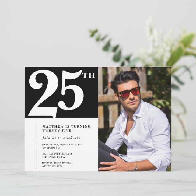Invitations de 25e anniversaire Black White Photo (Debout devant)