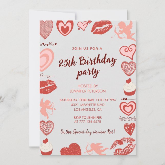 Invitations de 25e anniversaire Grey Red Hearts (Devant)