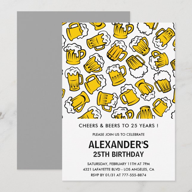 Invitations de 25e anniversaire Hommes Cheers et b (Devant / Derrière)