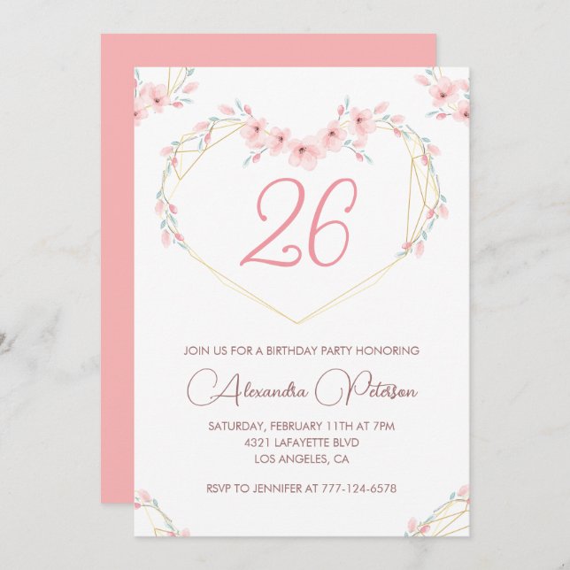 Invitations de 26e anniversaire Boho Floral Pink (Devant / Derrière)