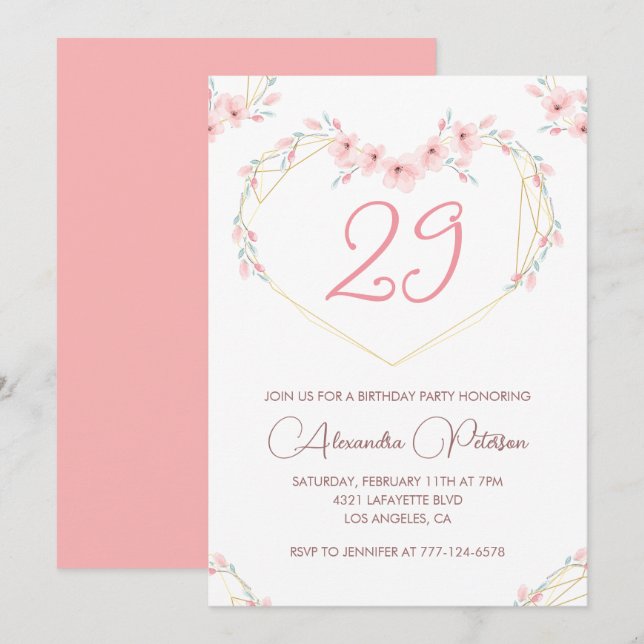 Invitations de 29e anniversaire Boho Floral Pink (Devant / Derrière)