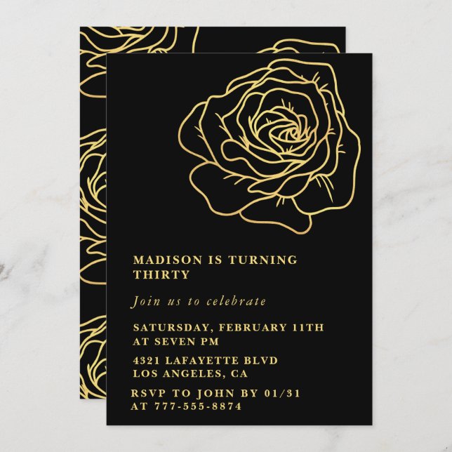 Invitations de 30e anniversaire Black Gold Flowers (Devant / Derrière)