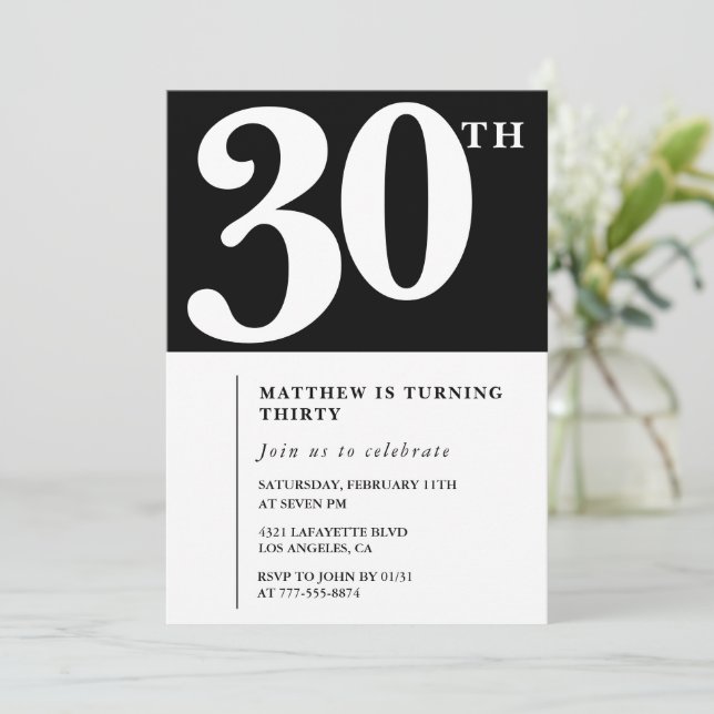 Invitations de 30e anniversaire Black White Elegan (Debout devant)