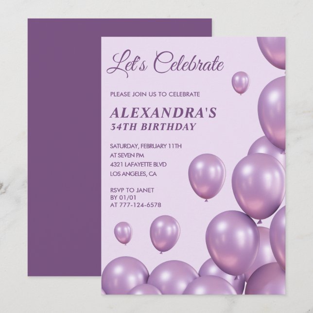 Invitations de 34e anniversaire Ballons Chic Purpl (Devant / Derrière)