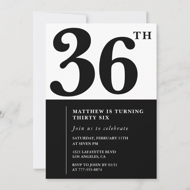 Invitations de 36e anniversaire Black and White El (Devant)