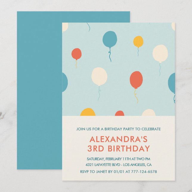 Invitations de 3e anniversaire Balloons Moderne (Devant / Derrière)