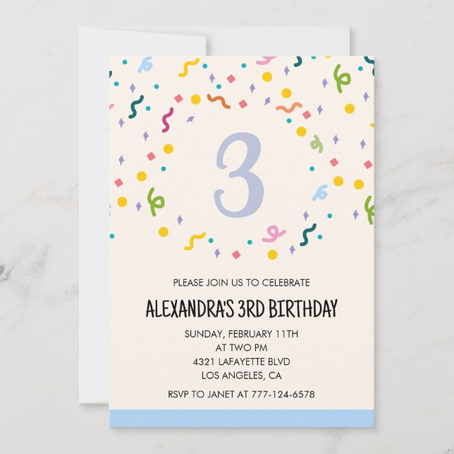 Invitations de 3e anniversaire simples Confetti Mo (Devant)