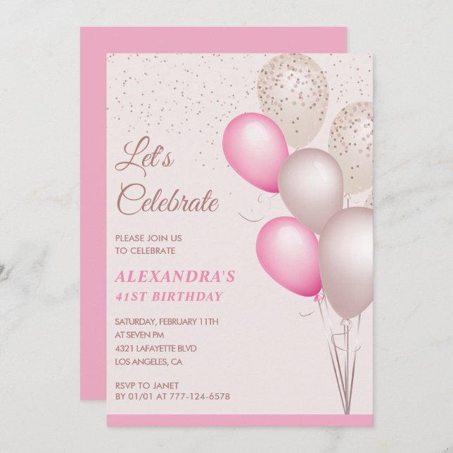 Invitations de 41e anniversaire Pink Balloons Conf (Devant / Derrière)