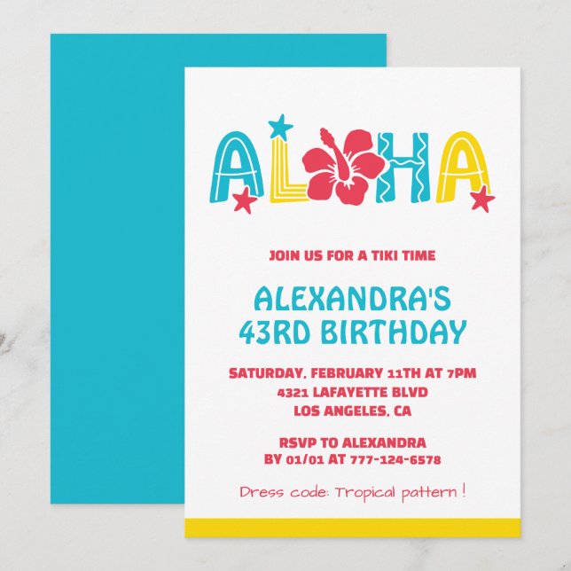 Invitations de 43e anniversaire Tropical Aloha Haw (Devant / Derrière)