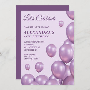 Invitations de 44e anniversaire Ballons Chic Purpl