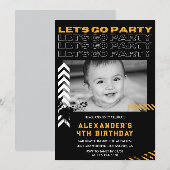 Invitations de 4 ans Noir Boy Photo Spray (Devant / Derrière)