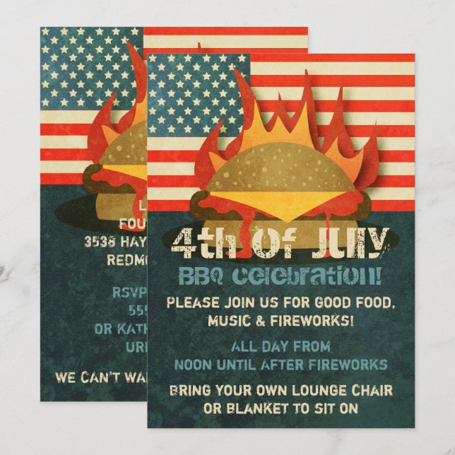 Invitations de 4 juillet BBQ Party Grunge (Devant / Derrière)