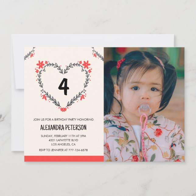Invitations de 4e anniversaire pour son coeur flor (Devant)