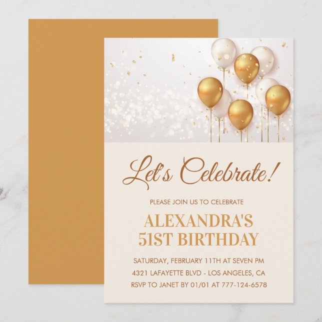 Invitations de 51e anniversaire Gold Ballons (Devant / Derrière)