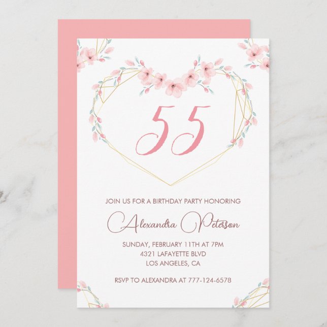 Invitations de 55e anniversaire Boho Floral Elegan (Devant / Derrière)
