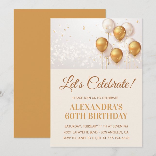 Invitations de 60e anniversaire Ballons Gold (Devant / Derrière)