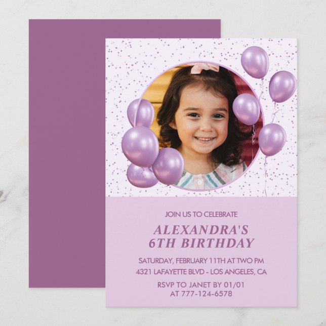 Invitations de 6e anniversaire Ballons Photo Purpl (Devant / Derrière)