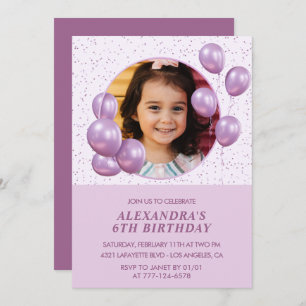 Invitations de 6e anniversaire Ballons Photo Purpl
