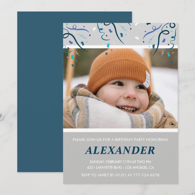 Invitations de 6e anniversaire Boy Confetti Photo  (Devant / Derrière)
