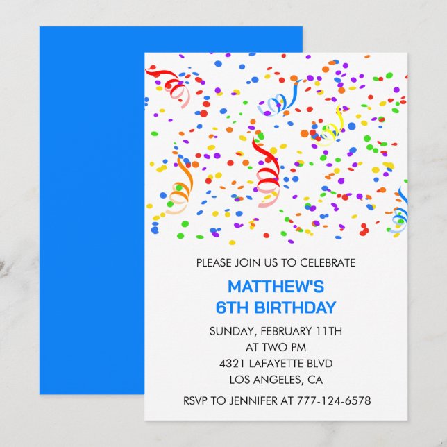Invitations de 6e anniversaire Confetti Rainbow Bo (Devant / Derrière)