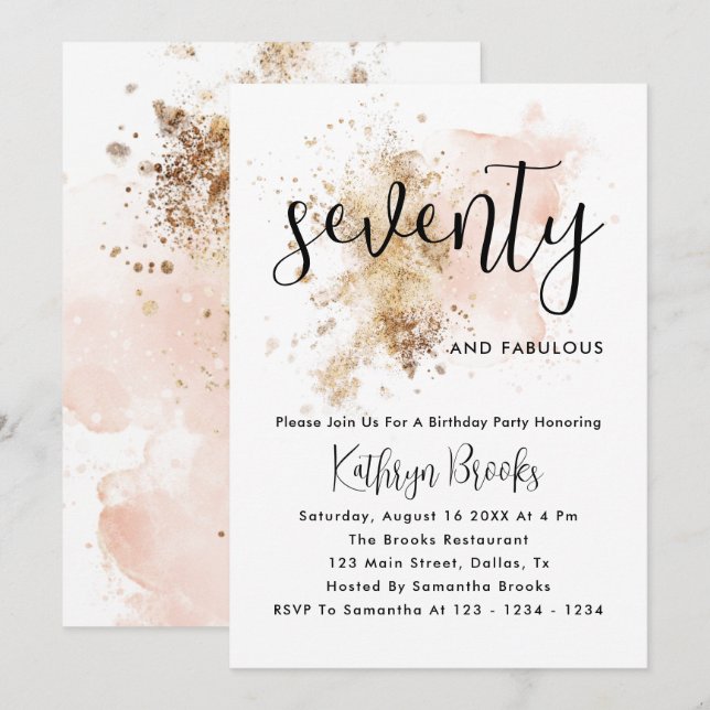 Invitations de 70e anniversaire rose et or (Devant / Derrière)