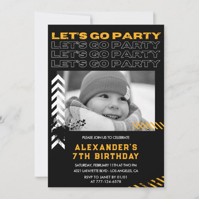 Invitations de 7 ans Noir Boy Photo Spray (Devant)