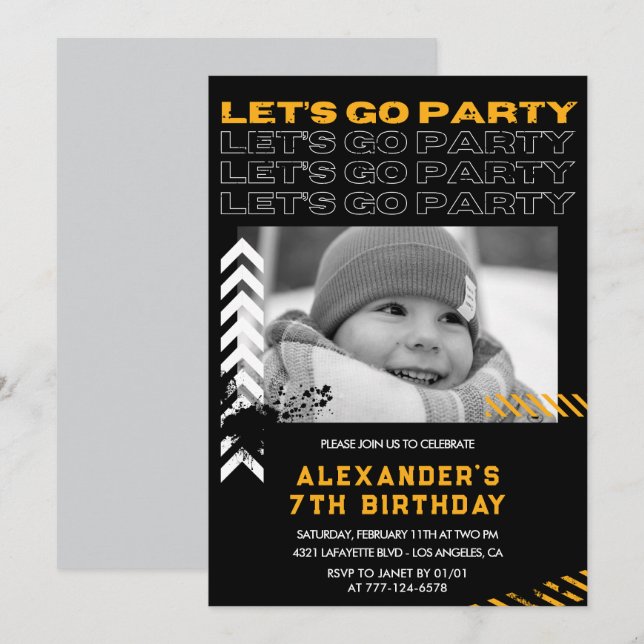 Invitations de 7 ans Noir Boy Photo Spray (Devant / Derrière)