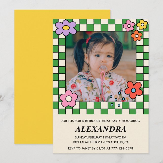 Invitations de 7e anniversaire Fleurs Super rétro (Devant / Derrière)