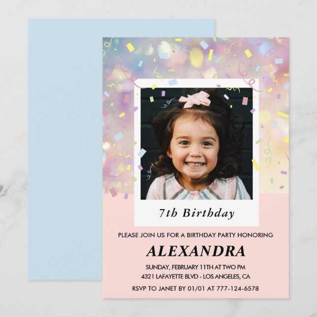 Invitations de 7e anniversaire rose Confetti Photo (Devant / Derrière)