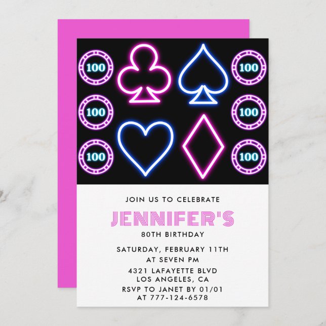 Invitations de 80e anniversaire Thème Casino Poker (Devant / Derrière)