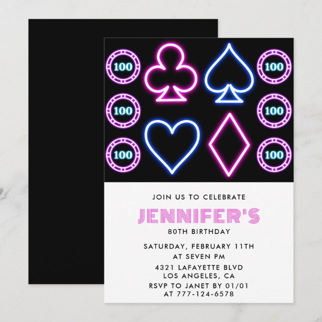 Invitations de 80e anniversaire Thème Casino Poker (Devant / Derrière)