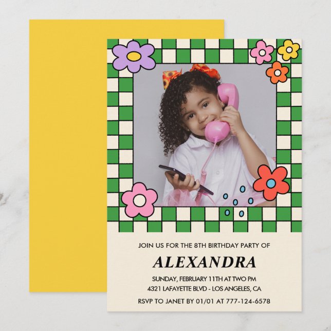 Invitations de 8e anniversaire Retro Fleurs Super (Devant / Derrière)