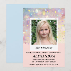 Invitations de 8e anniversaire rose Confetti Photo