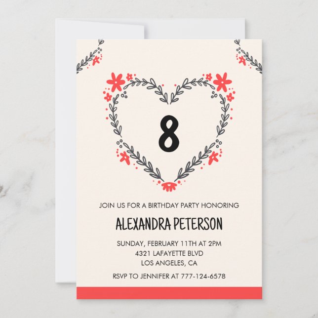 Invitations de 8ème anniversaire pour son coeur fl (Devant)