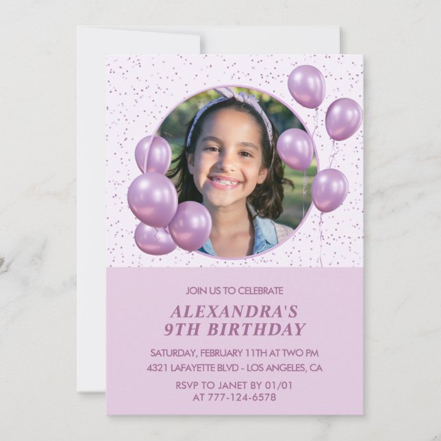 Invitations de 9e anniversaire Ballons Photo Purpl (Devant)