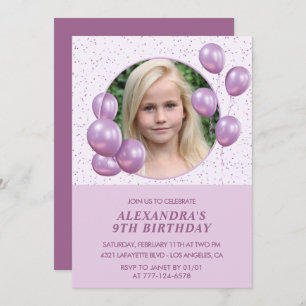 Invitations de 9e anniversaire Ballons Photo Purpl