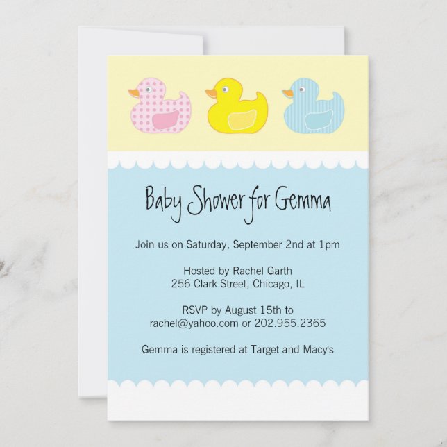 Invitations de baby shower avec des canards (Devant)