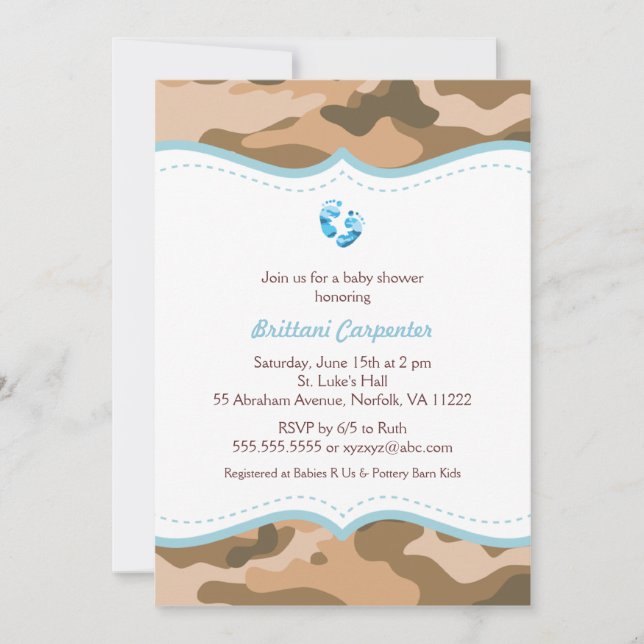 Invitations de Baby shower Camo bleu et Brown pied (Devant)