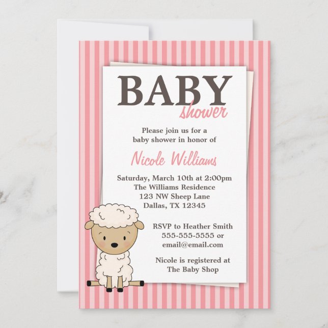Invitations de Baby shower d'agneau rose (Devant)