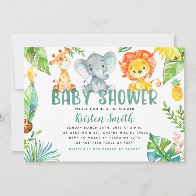 Invitations de baby shower d'animaux de safari (Devant)
