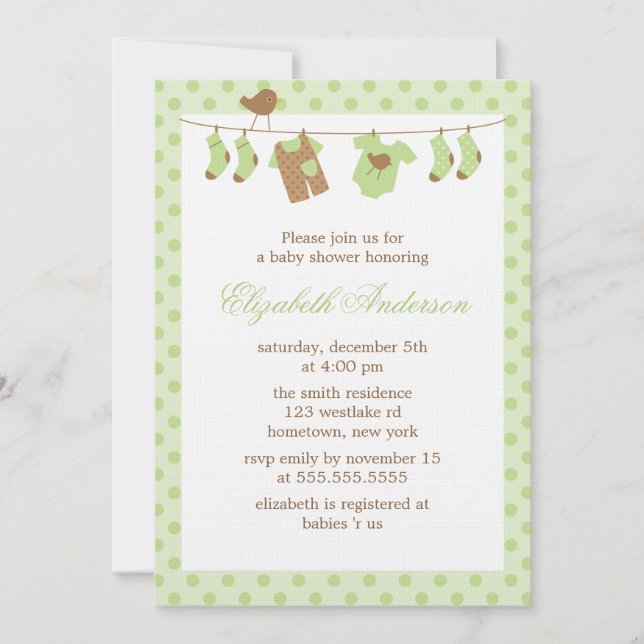 Invitations de baby shower de corde à  linge (Devant)