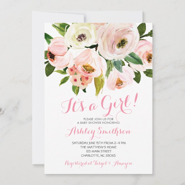 Invitations de baby shower de fille, fleurs roses (Devant)