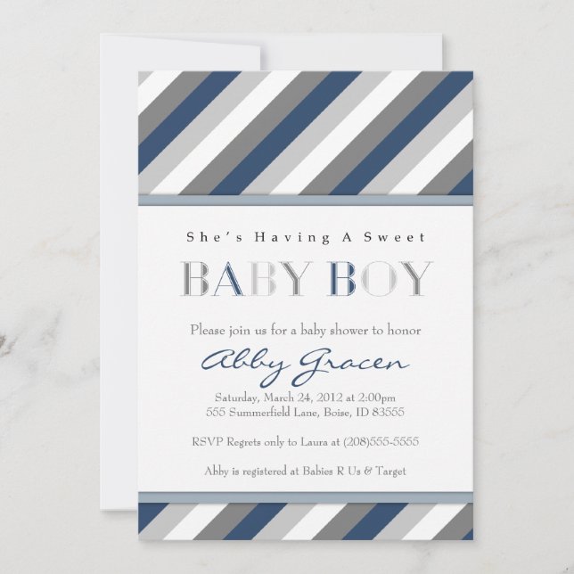 Invitations de baby shower de garçon, marine, gris (Devant)