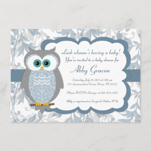 Invitations de baby shower de hibou, bleu, gris -