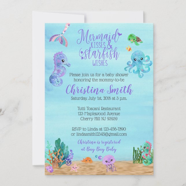 Invitations de baby shower de mer pour une sirène (Devant)