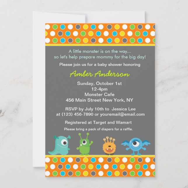Invitations de baby shower de monstre (Devant)