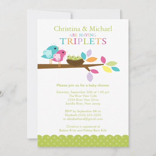 Invitations de baby shower de triplets de nid (Devant)